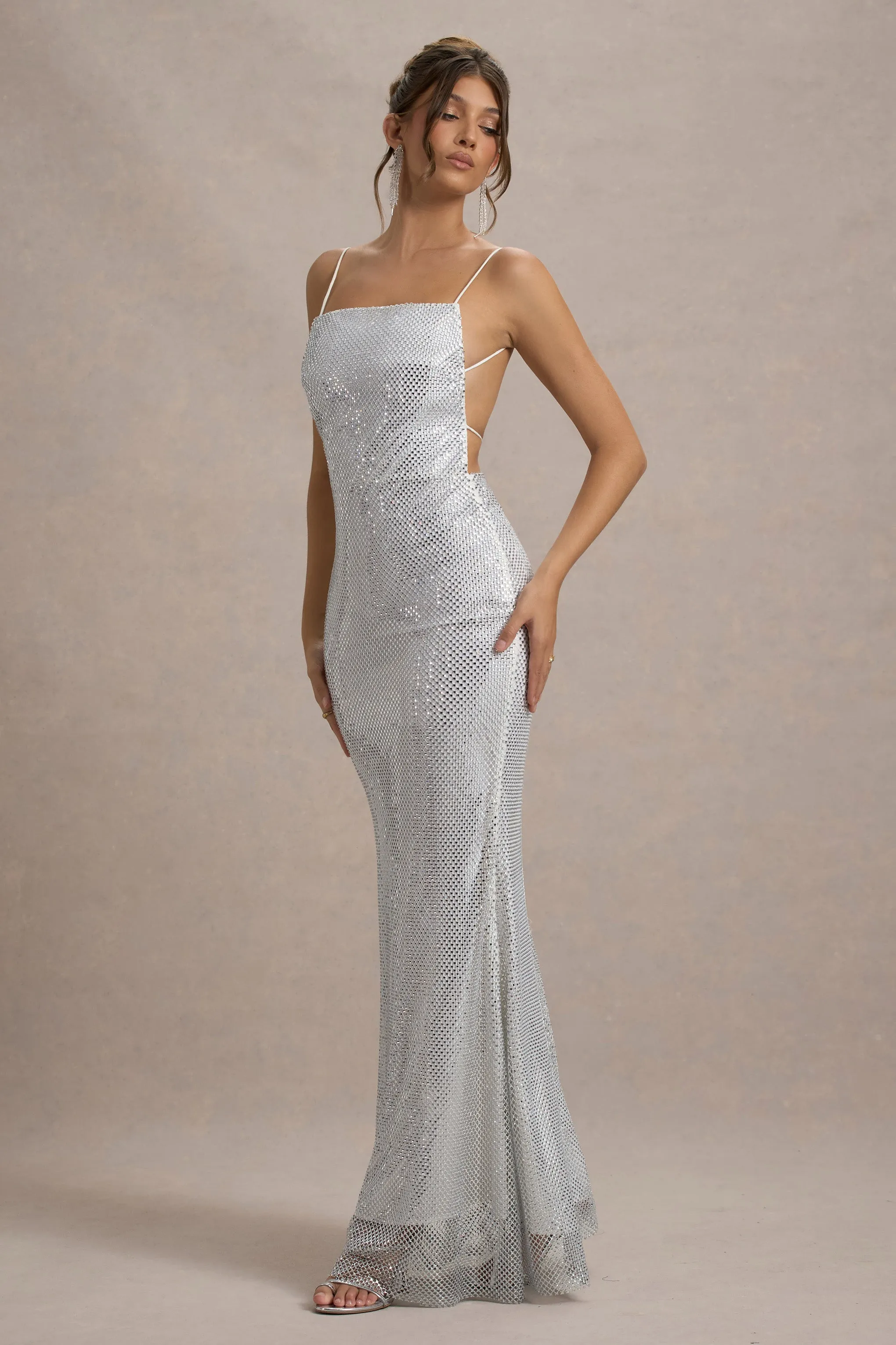 Quartz | Silver Embellished Square-Neck Open-Back Maxi Dress