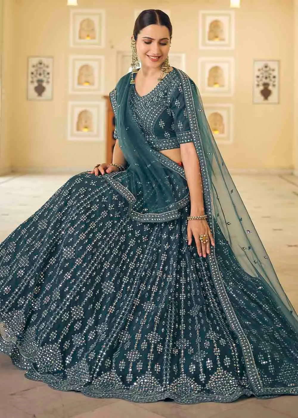 Rama Blue Soft Net Lehenga Choli with Dori & Mirror work