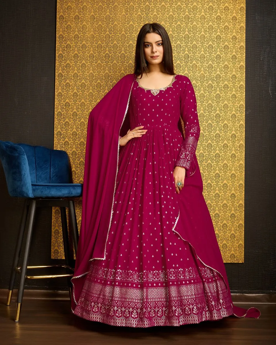 Rani Pink Printed Anarkali Gown With Dupatta