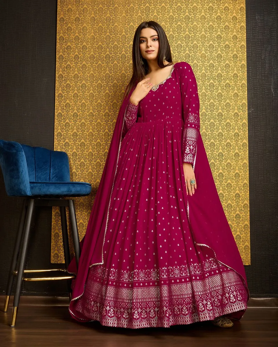 Rani Pink Printed Anarkali Gown With Dupatta