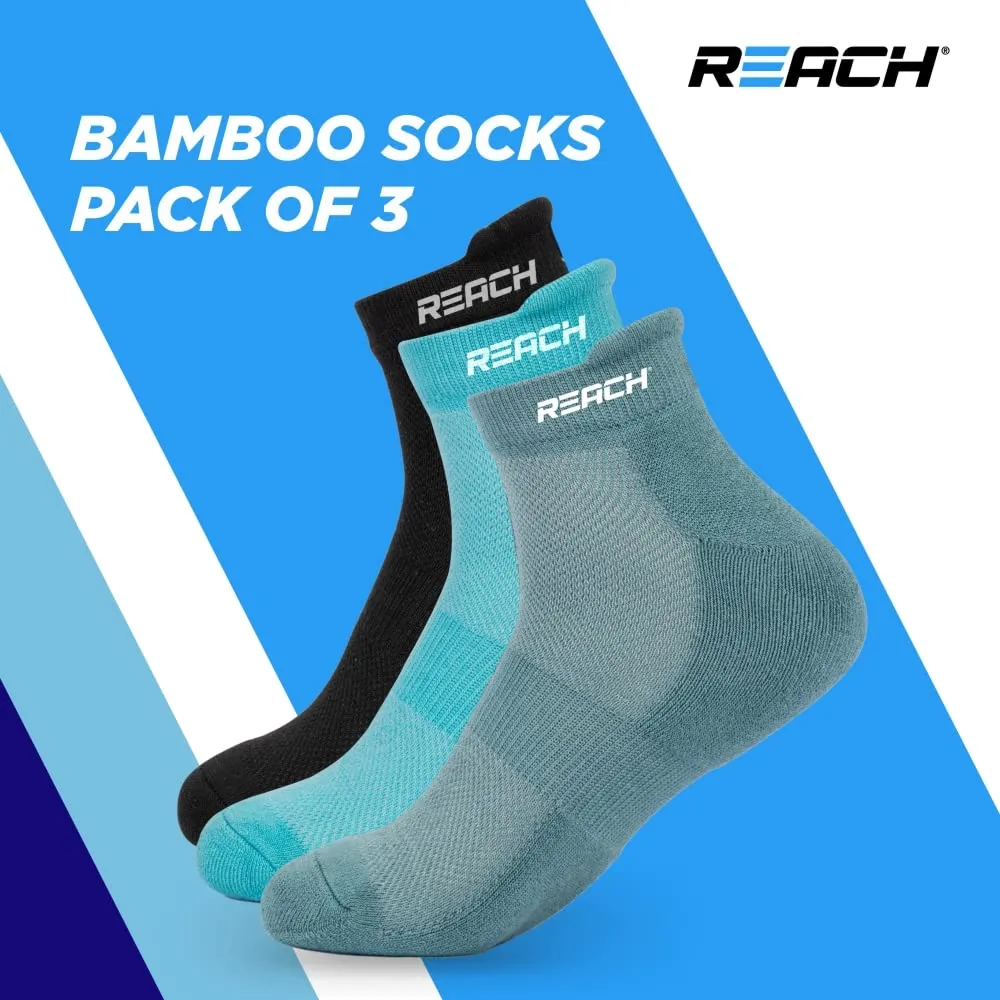 REACH Bamboo Fibre Ankle Length Socks For Men & Women | Breathable Mesh & Odour Free Socks | Sports & Gym Socks | Soft & Comfortable | Pack Of 3 | Aqua Blue, Sea Green & Black