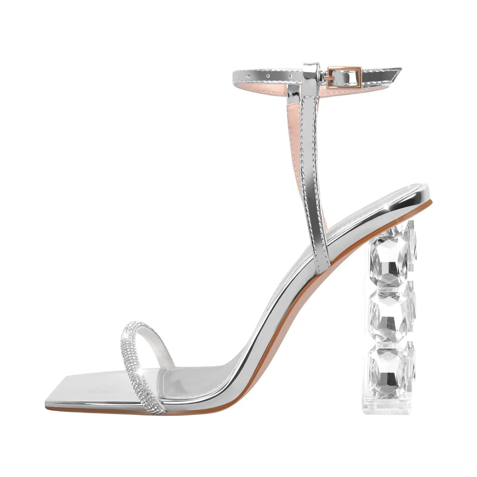 Rhinestone Buckle Strap Plexiglass Heels Sandals