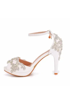 Rhinestone Flowers Decor Peep Toe Platform Stiletto Ankle-strap High Heels