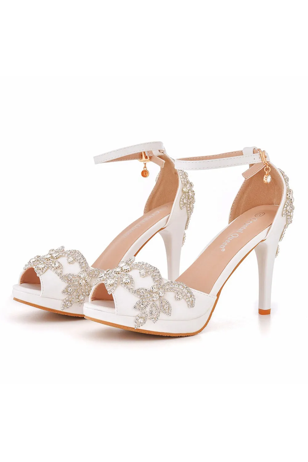 Rhinestone Flowers Decor Peep Toe Platform Stiletto Ankle-strap High Heels