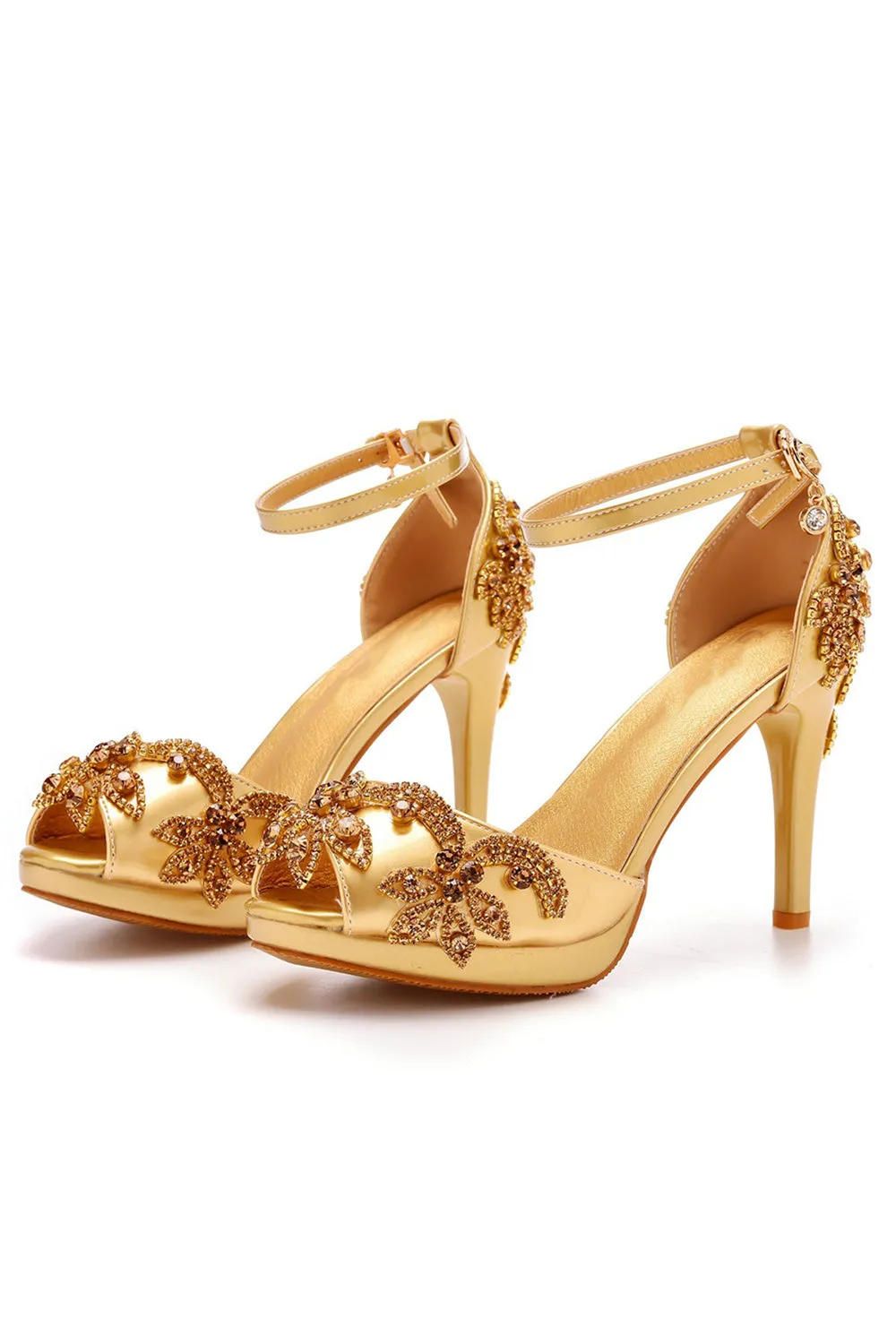 Rhinestone Flowers Decor Peep Toe Platform Stiletto Ankle-strap High Heels