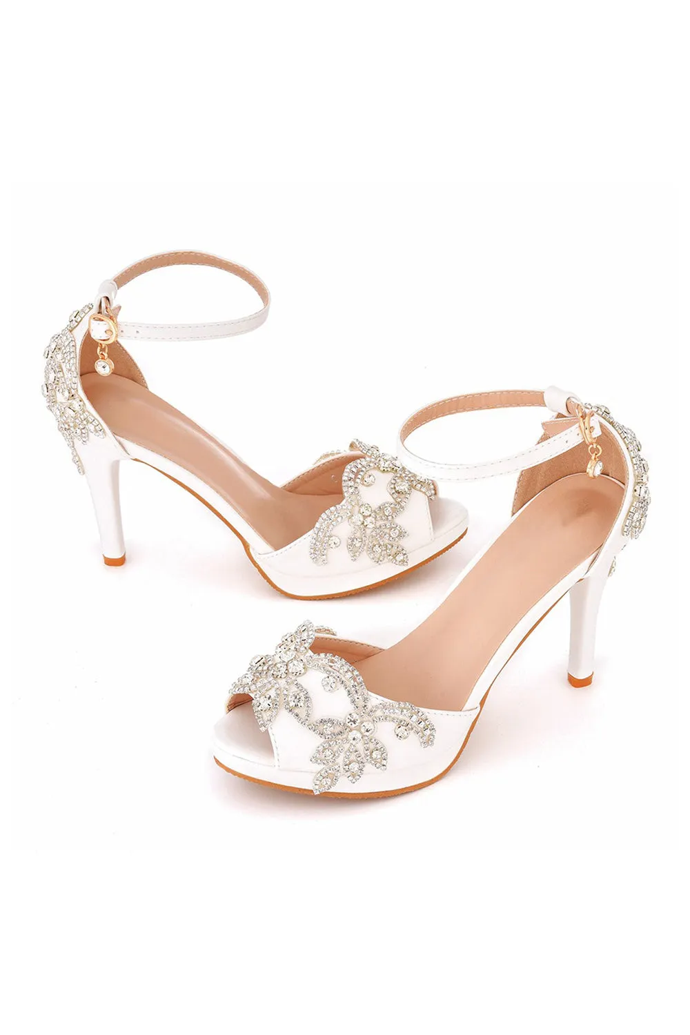 Rhinestone Flowers Decor Peep Toe Platform Stiletto Ankle-strap High Heels