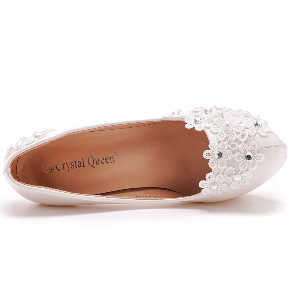 Rhinestone Pearl Lace Decor Bridal Platform Slip On Ultra High Heels