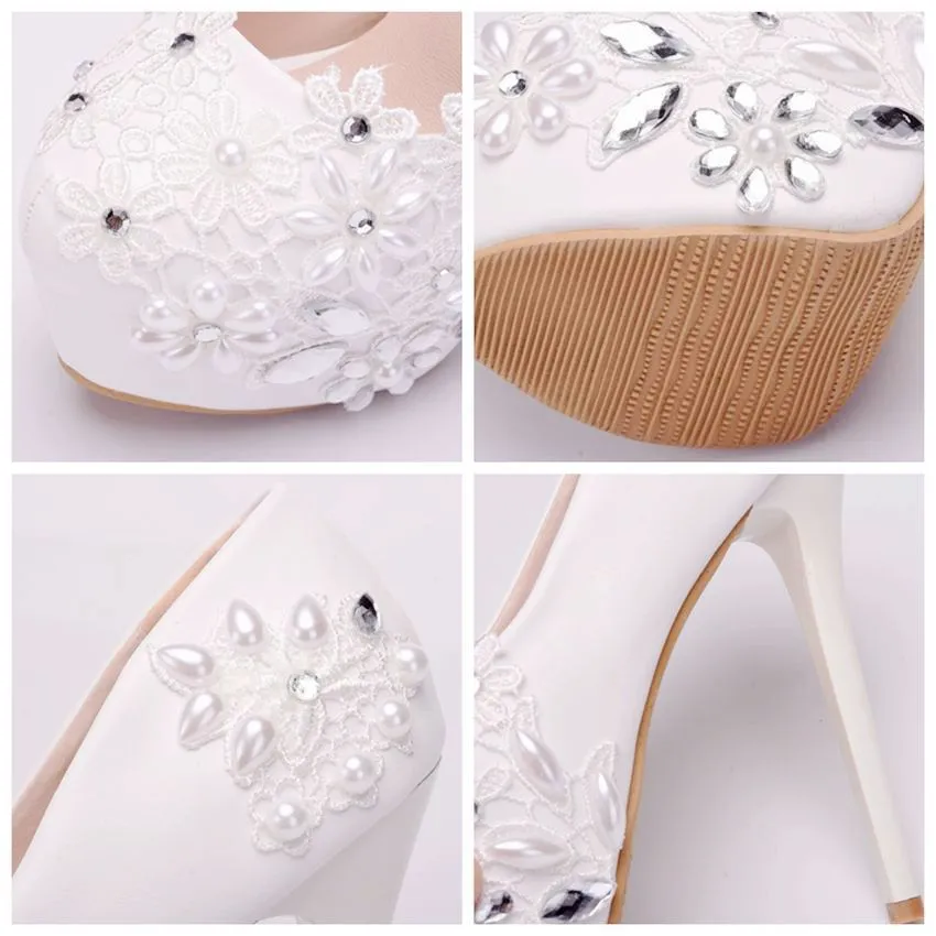 Rhinestone Pearl Lace Decor Bridal Platform Slip On Ultra High Heels