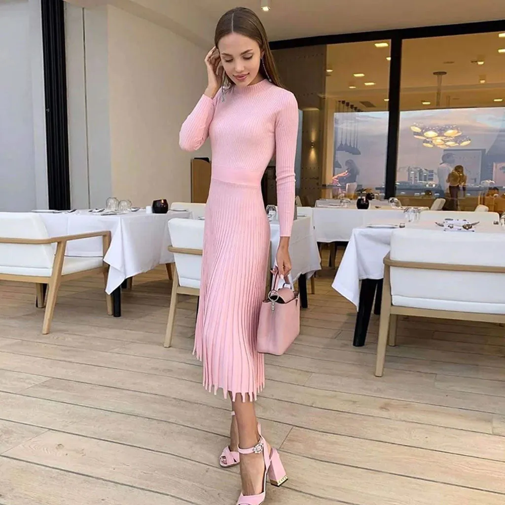 Ribbed Long Sleeve High Neck Knit Pleated Midi Sweater Dress - Pink