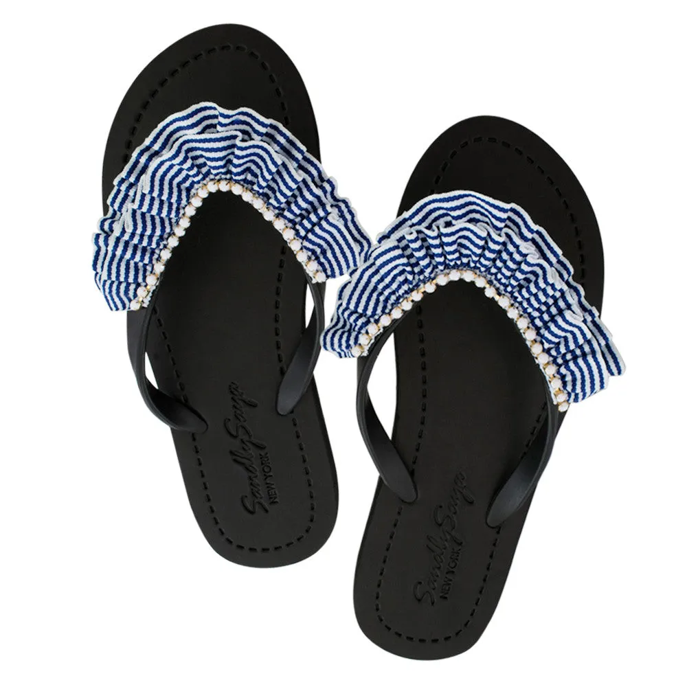 Rockaway Stripe Ruffle - Embellished Flat Flip Flops Sandal