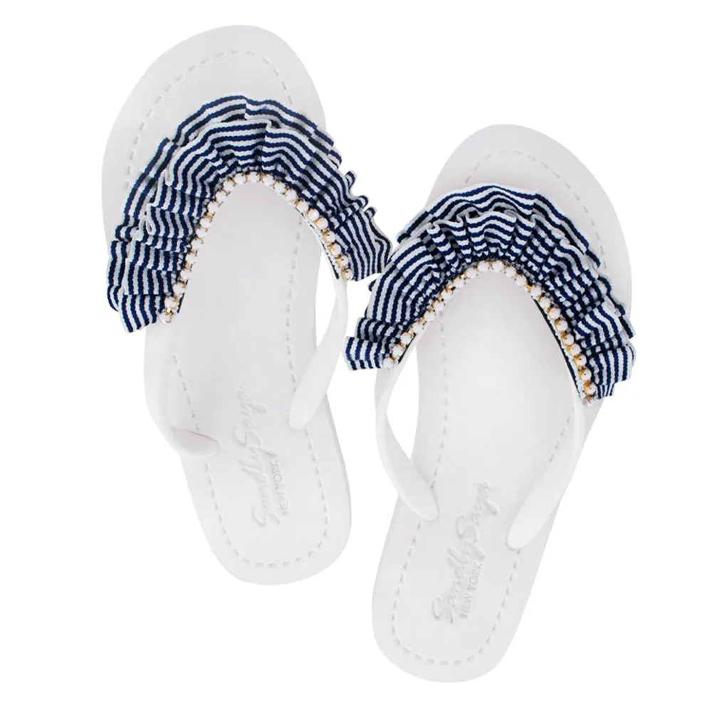 Rockaway Stripe Ruffle - Embellished Flat Flip Flops Sandal