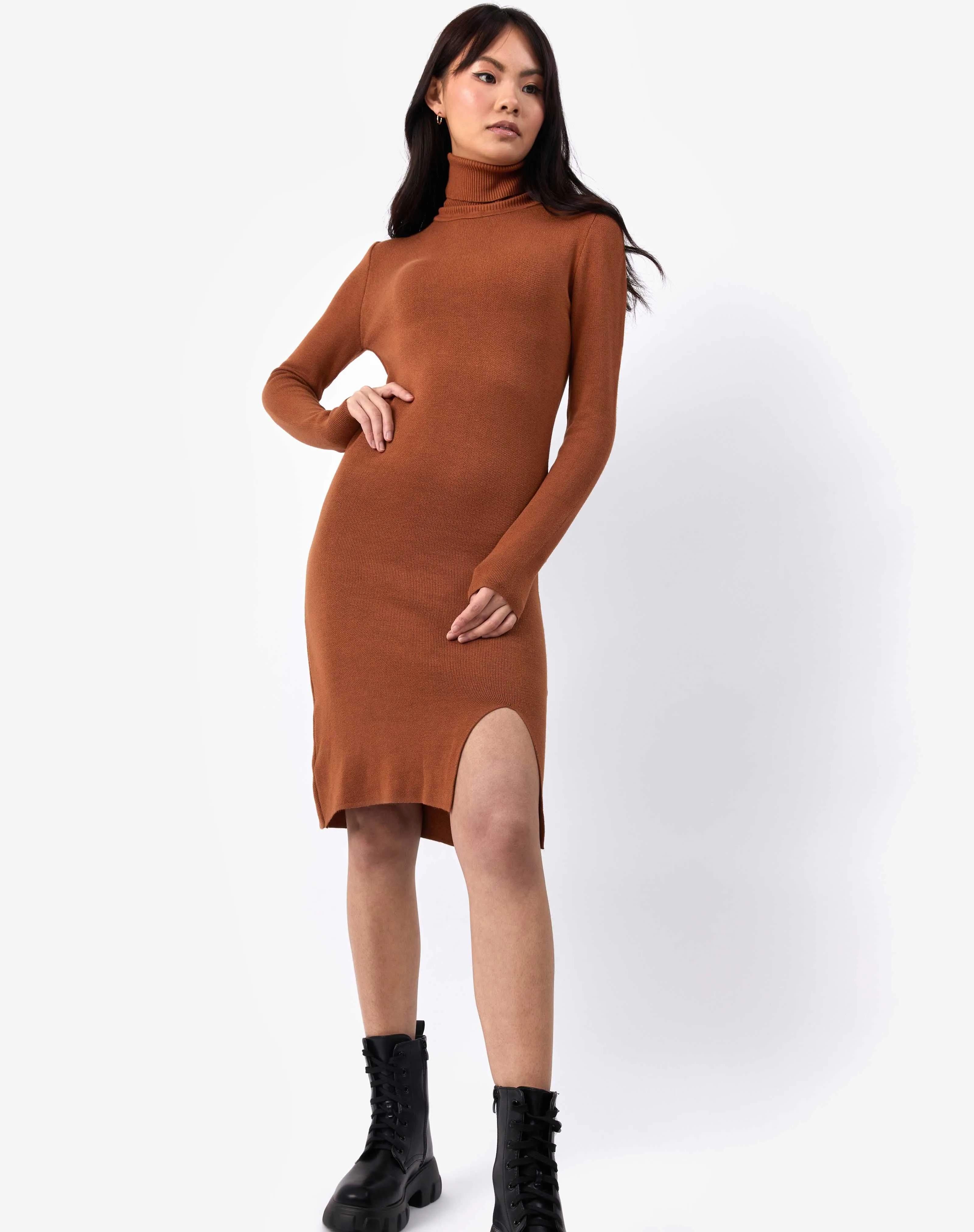 Roll Neck Knit Midi Dress in Camel Brown | Liana