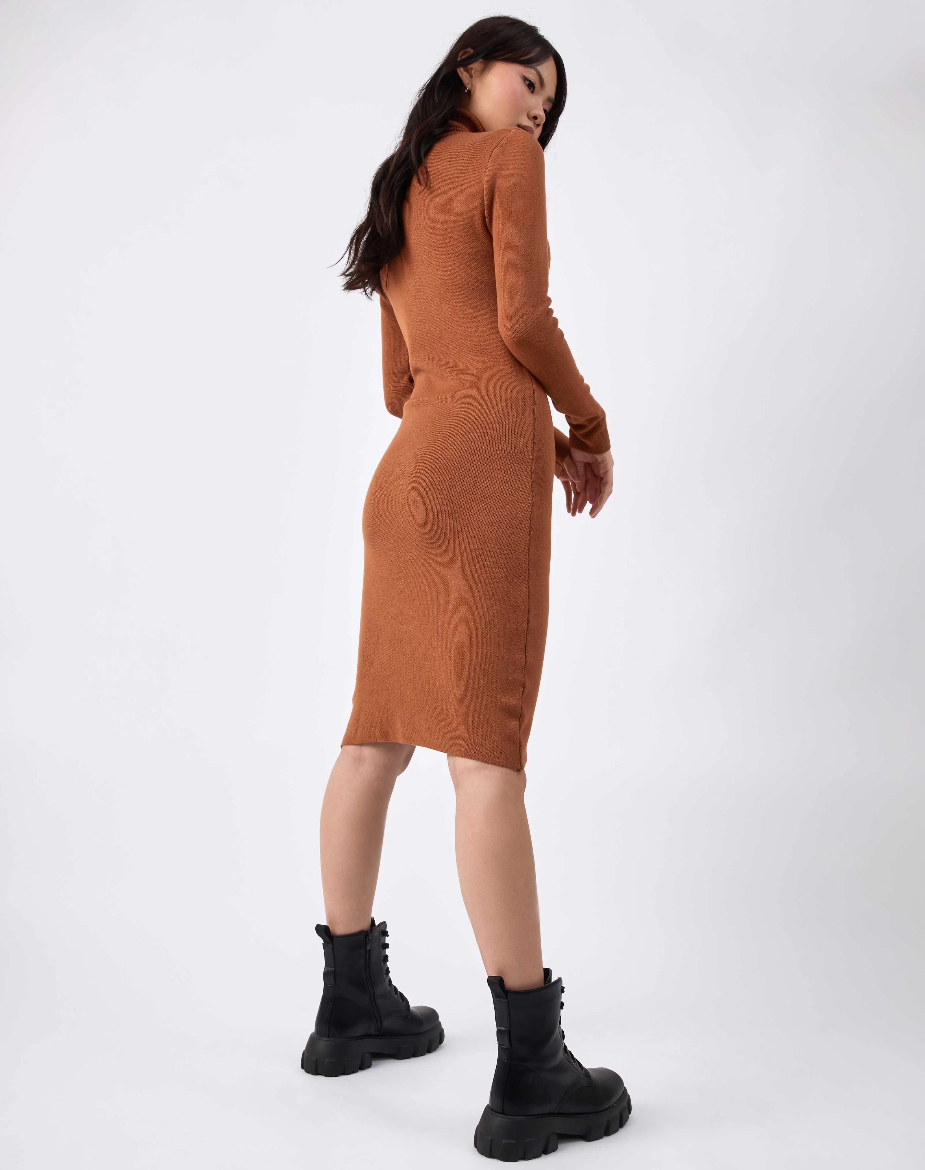 Roll Neck Knit Midi Dress in Camel Brown | Liana