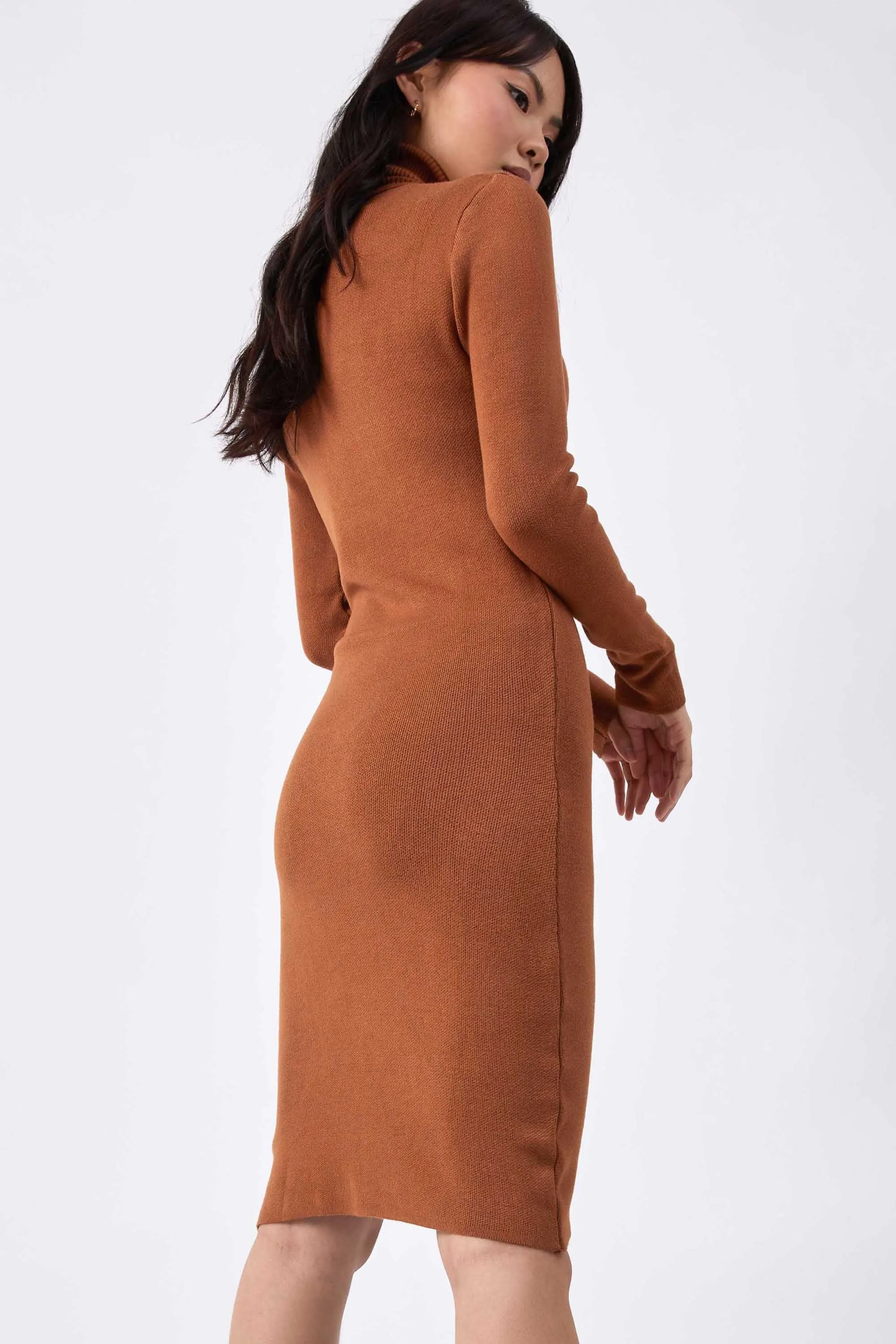 Roll Neck Knit Midi Dress in Camel Brown | Liana