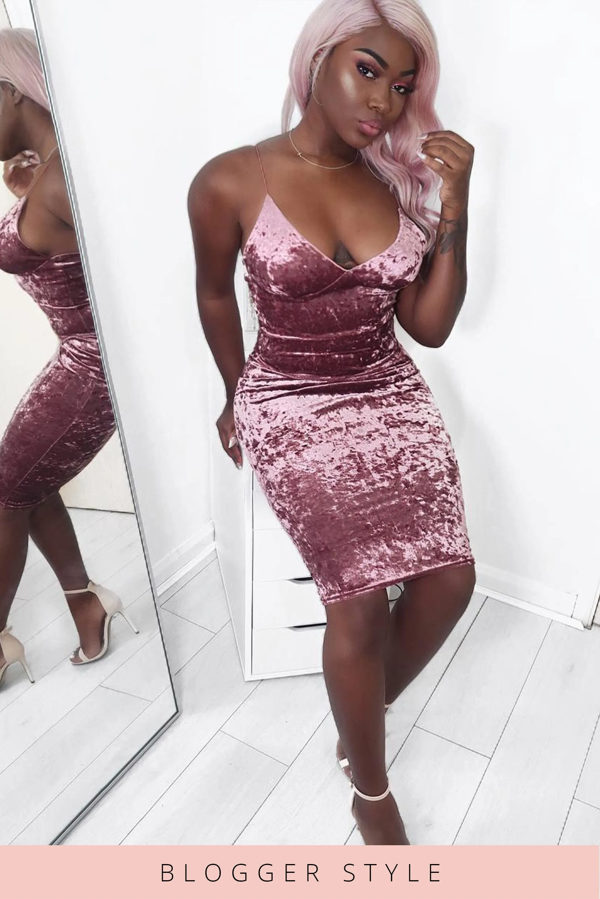 Rose Crushed Velvet Cami Midi Dress