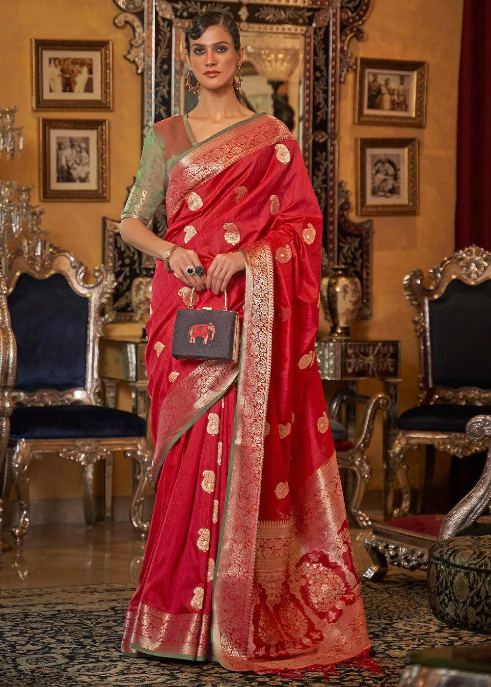 Rufous Red Zari Tussar Silk Saree