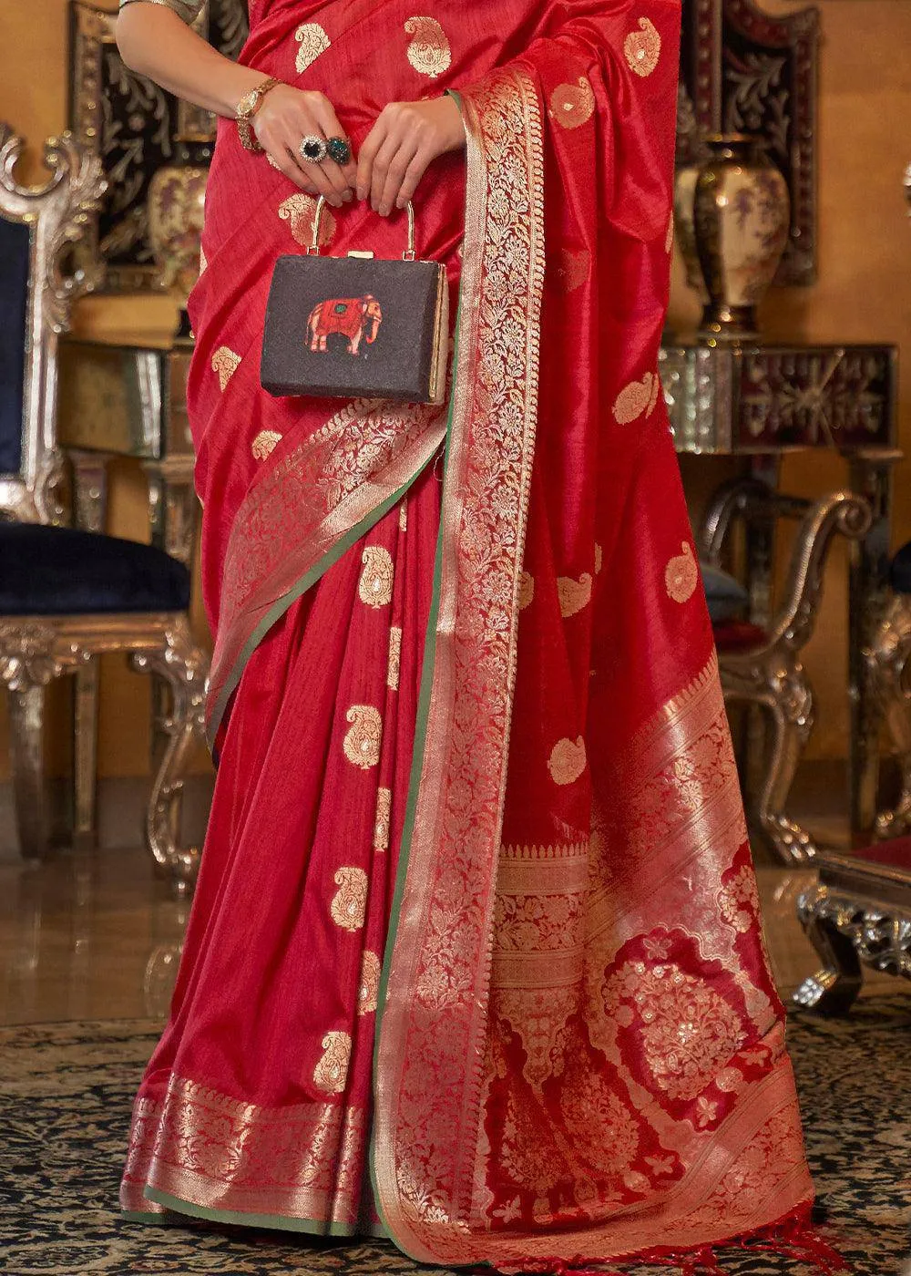 Rufous Red Zari Tussar Silk Saree