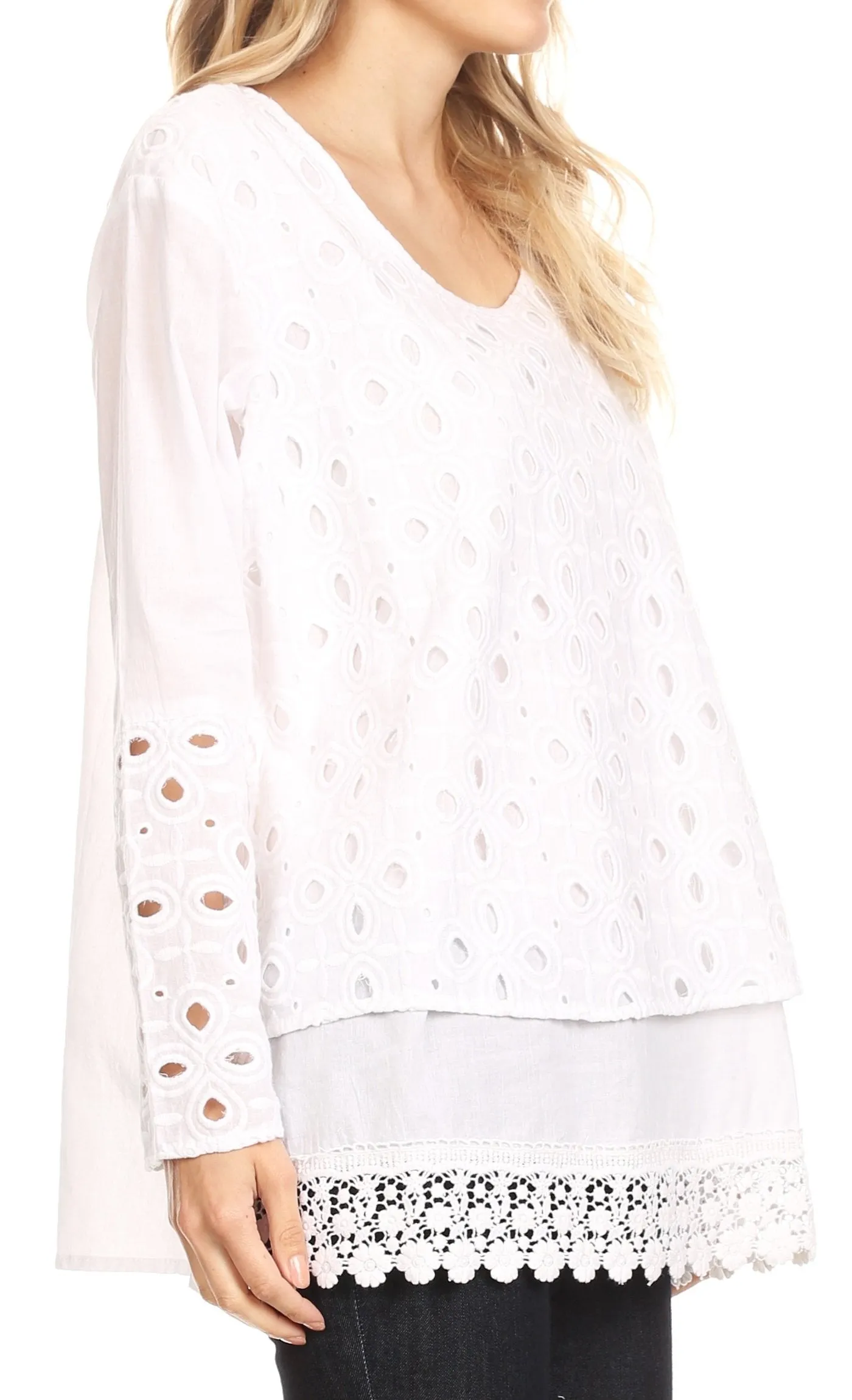 Sakkas Ayperi Womens Eyelet Embroidered Round Neck Cotton Basic Blouse Top Tunic