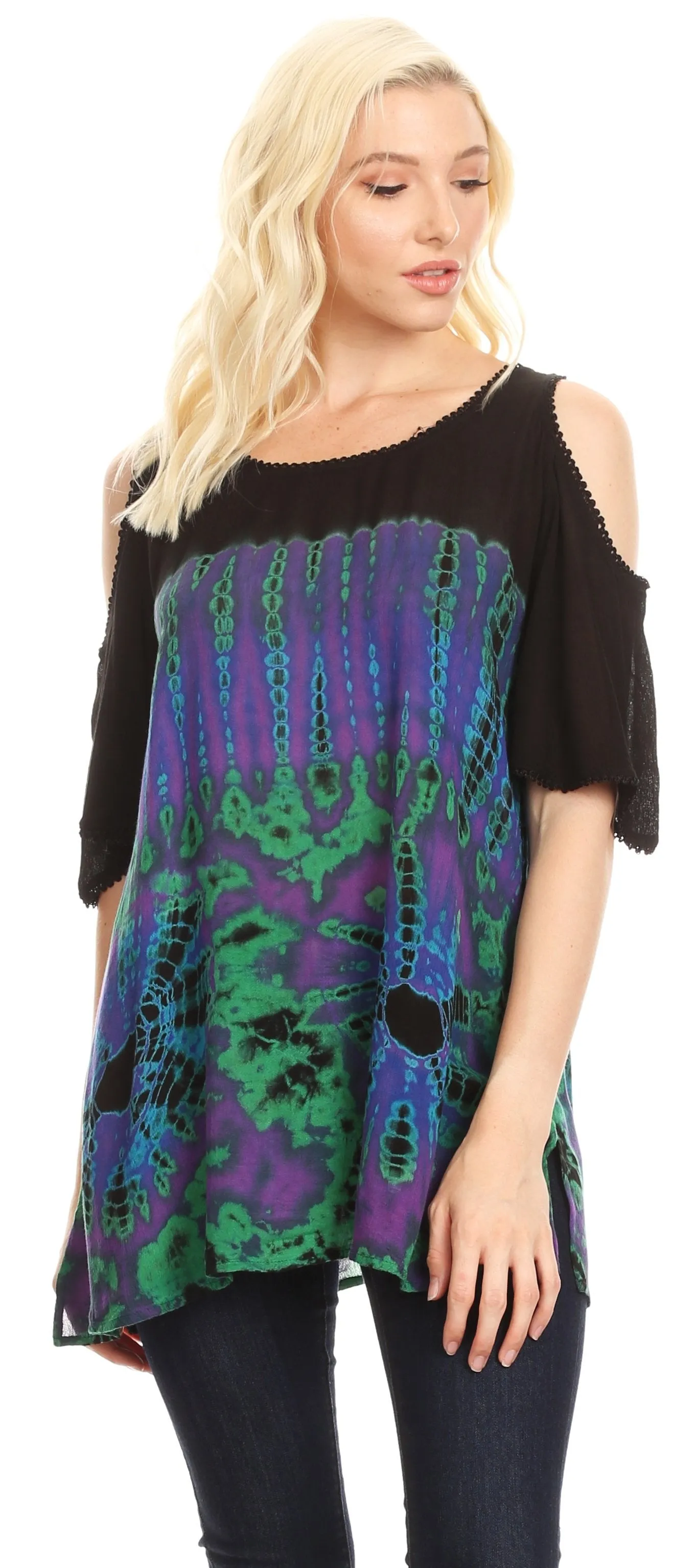 Sakkas Luz Womens Cold Shoulder Bohemian Ethnic Style Blouse Top Tie Dye Flare