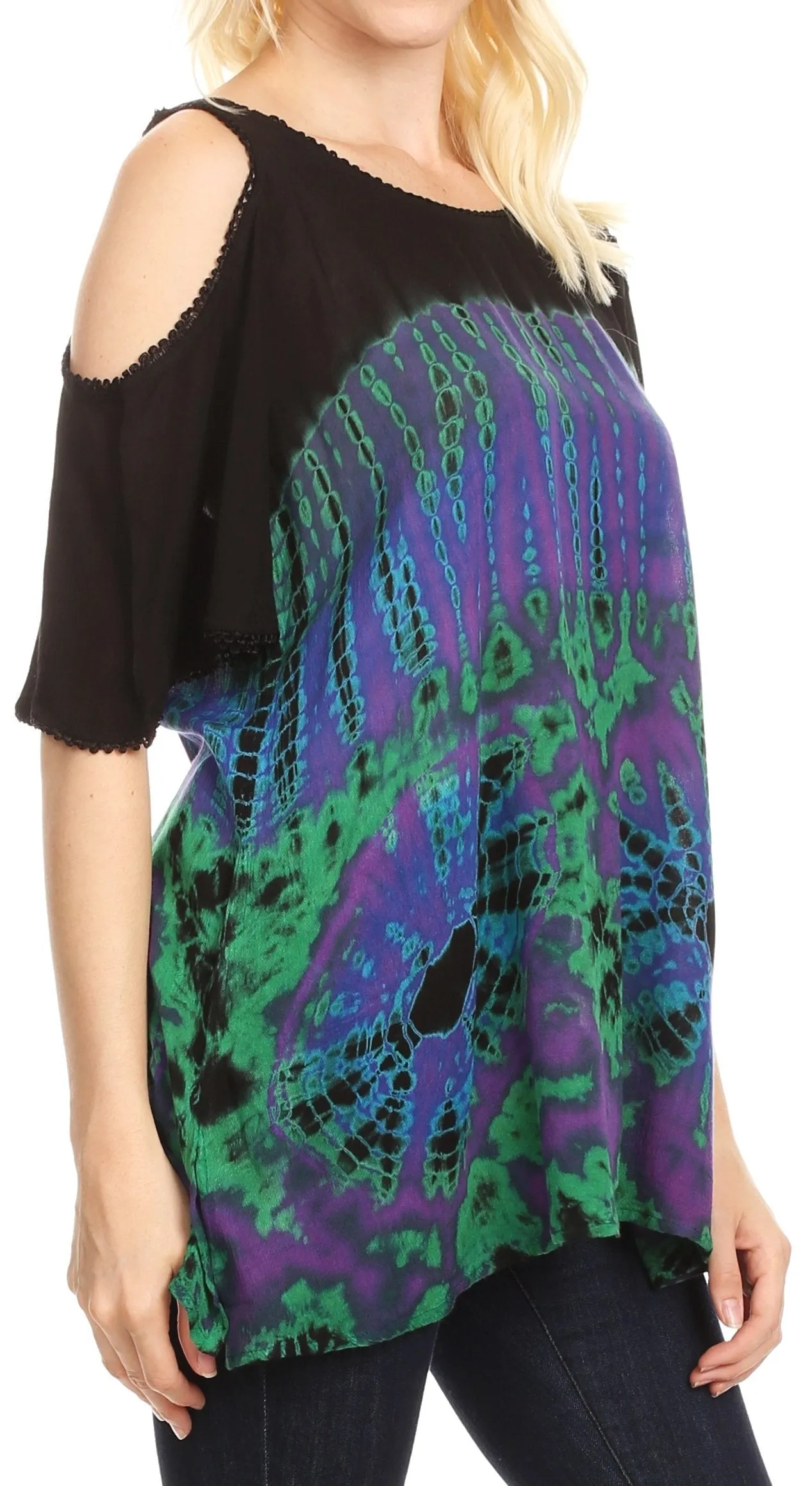 Sakkas Luz Womens Cold Shoulder Bohemian Ethnic Style Blouse Top Tie Dye Flare