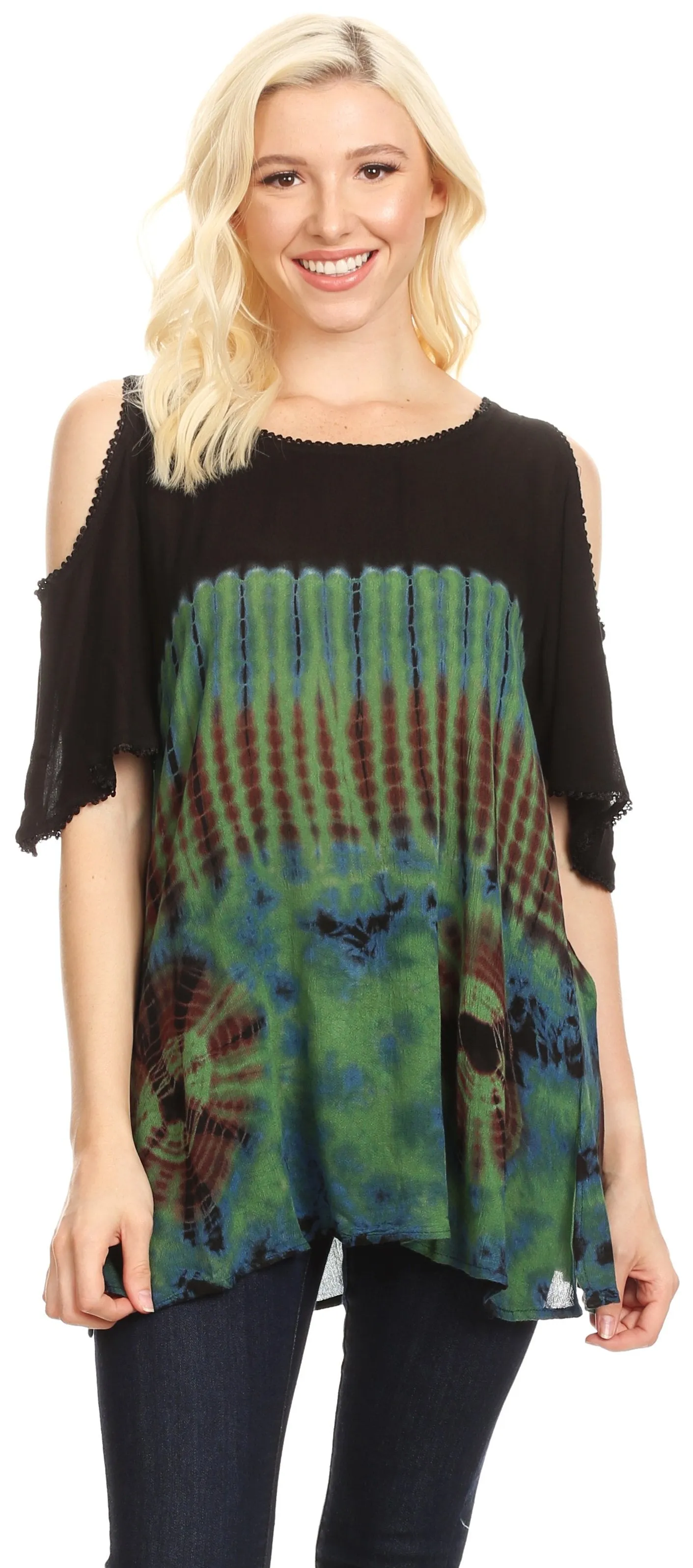 Sakkas Luz Womens Cold Shoulder Bohemian Ethnic Style Blouse Top Tie Dye Flare