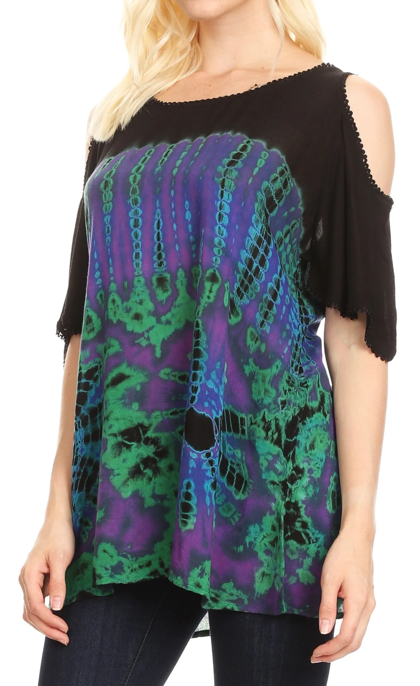 Sakkas Luz Womens Cold Shoulder Bohemian Ethnic Style Blouse Top Tie Dye Flare