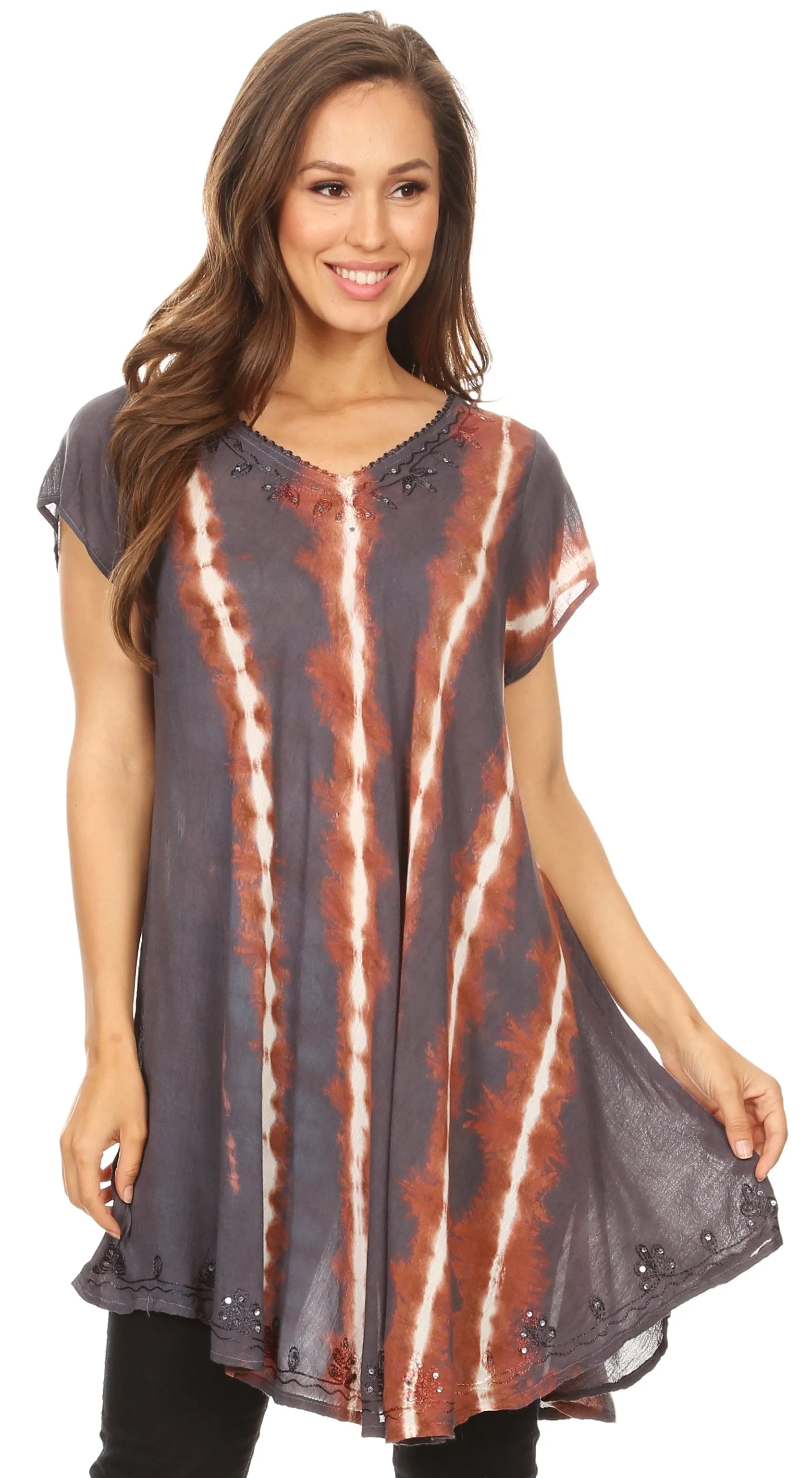 Sakkas Maite Womens Tie Dye V neck Tunic Top Ethnic Summer Style Flowy w/sequin