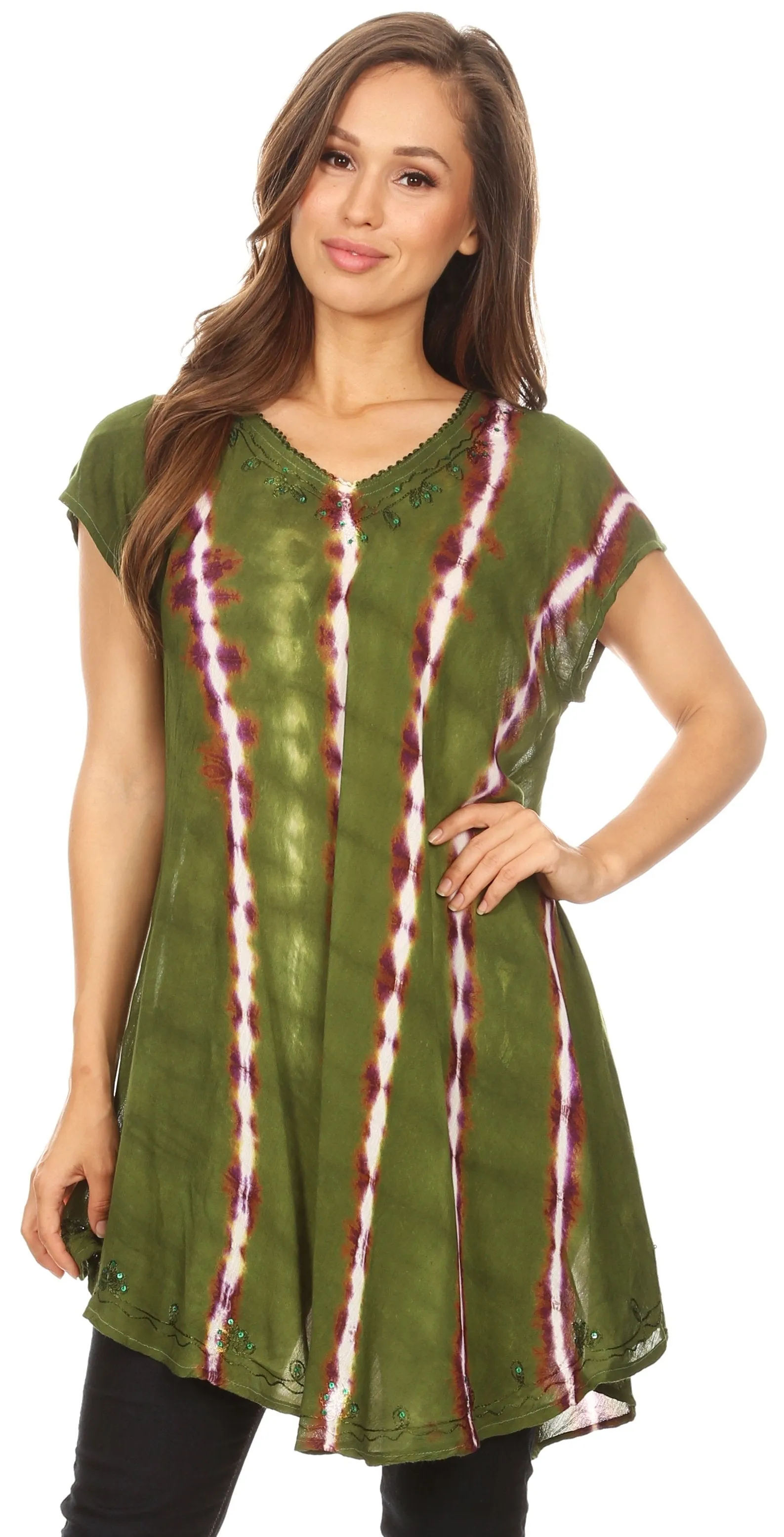 Sakkas Maite Womens Tie Dye V neck Tunic Top Ethnic Summer Style Flowy w/sequin