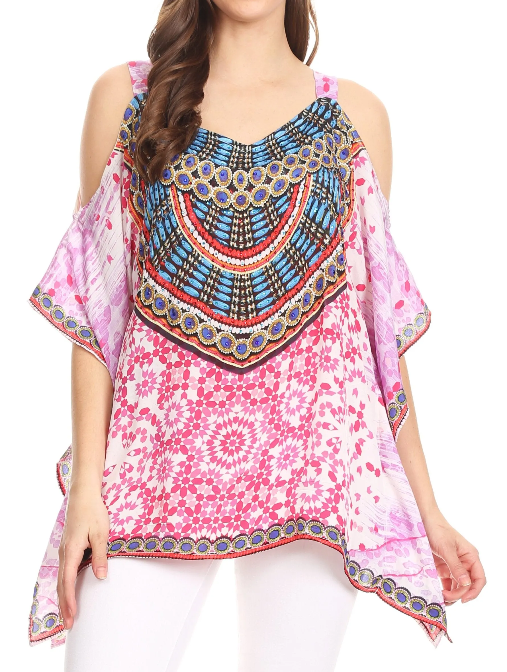 Sakkas Saanvi Printed Draped Short Sleeve Strap Cutout Shoulder V-Neck Kaftan Top