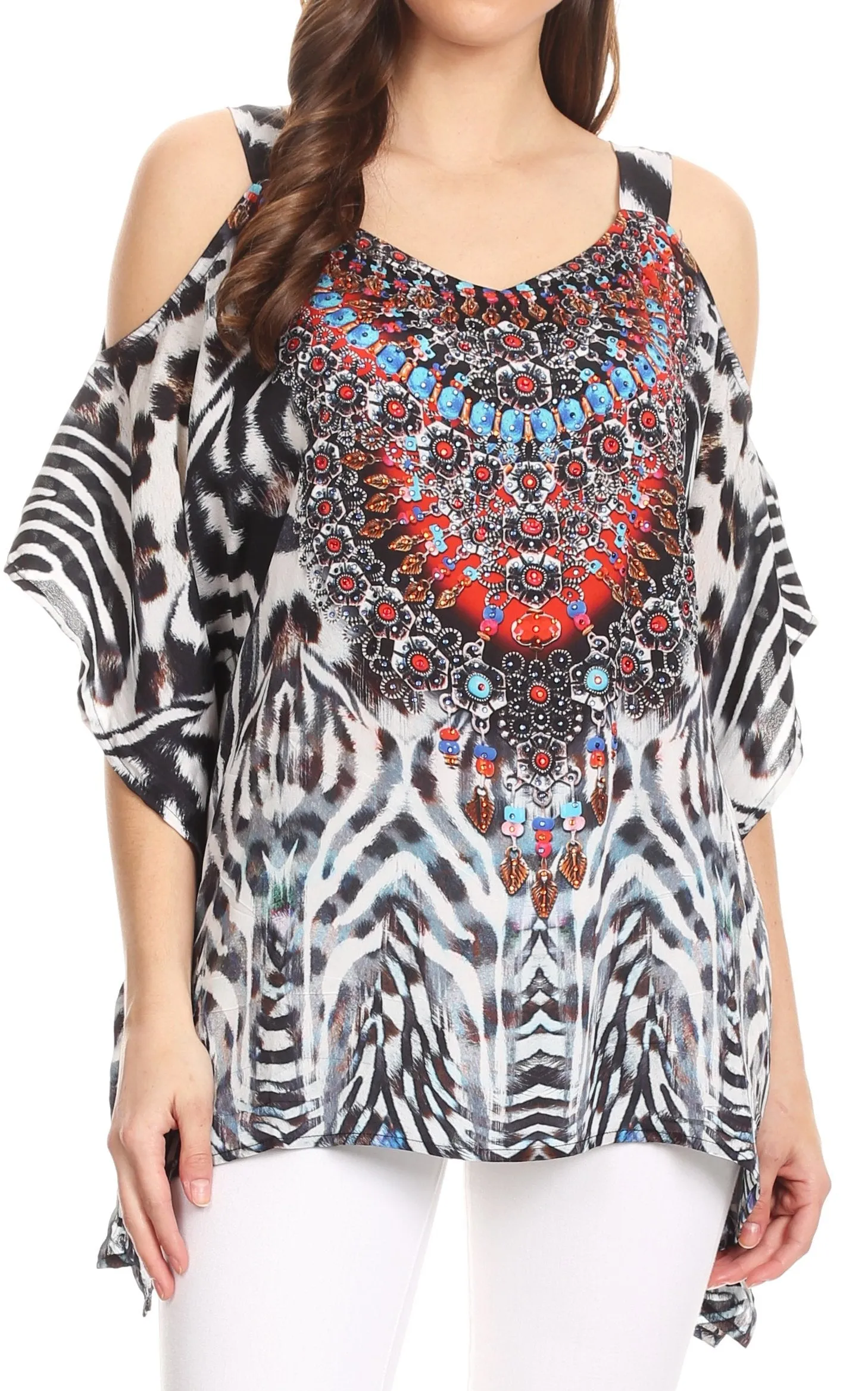 Sakkas Saanvi Printed Draped Short Sleeve Strap Cutout Shoulder V-Neck Kaftan Top