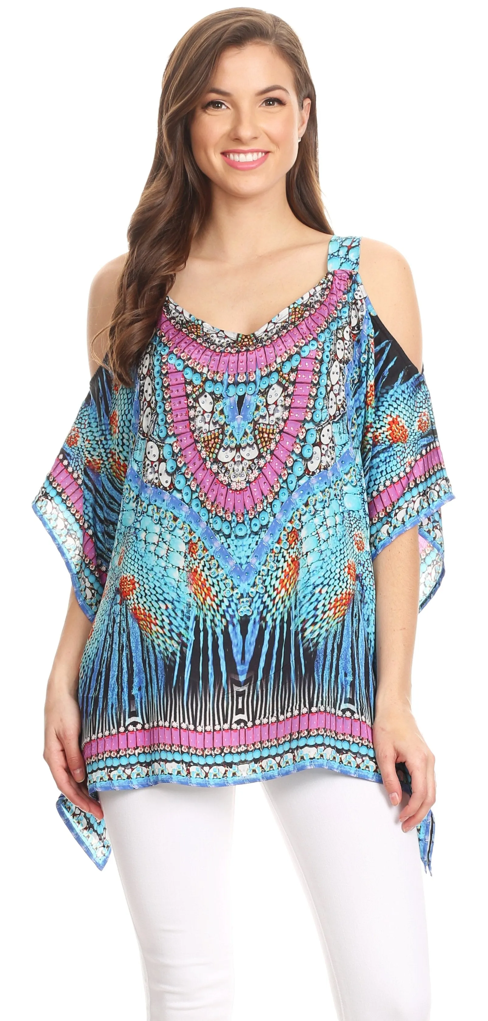 Sakkas Saanvi Printed Draped Short Sleeve Strap Cutout Shoulder V-Neck Kaftan Top