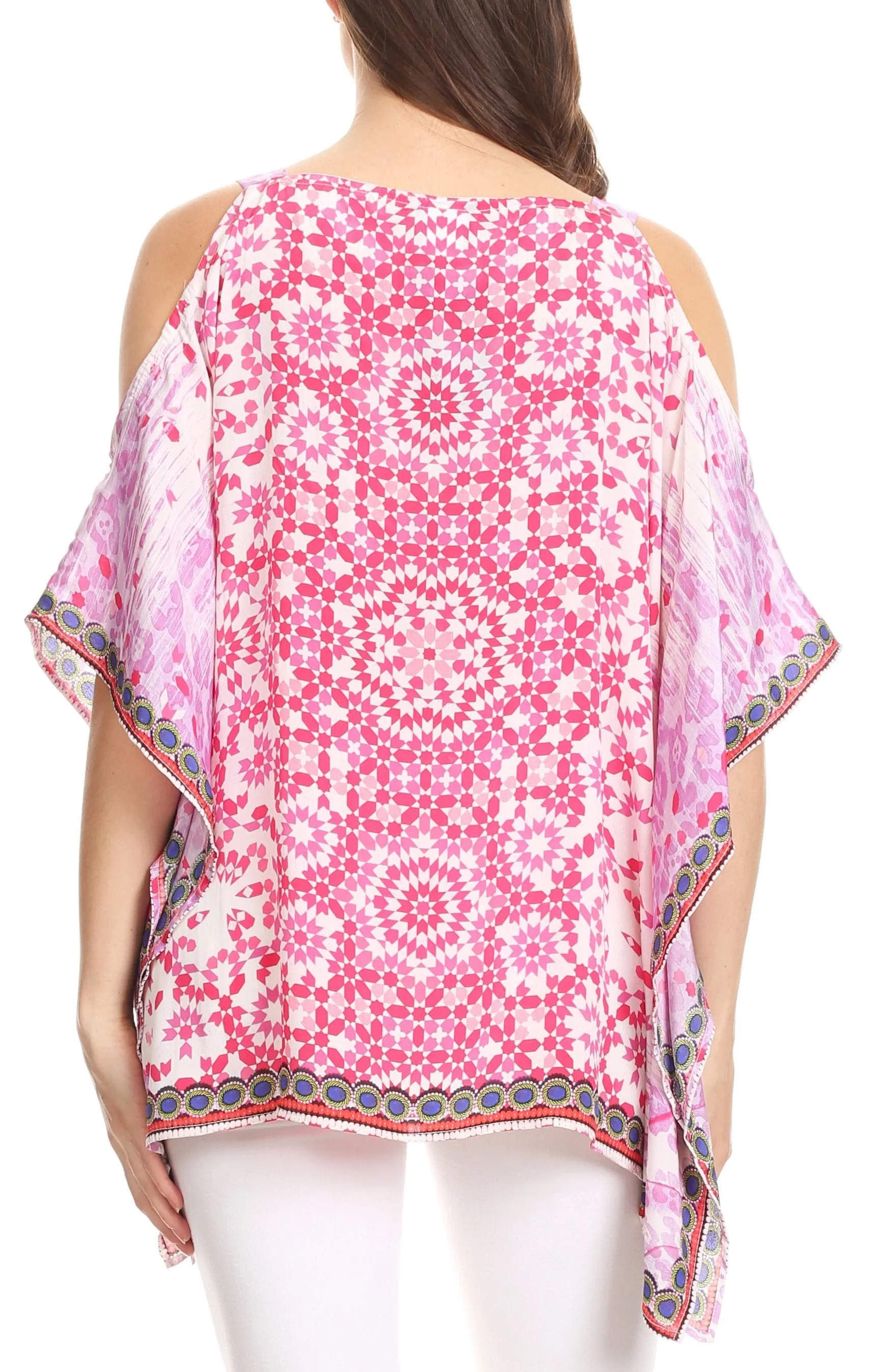 Sakkas Saanvi Printed Draped Short Sleeve Strap Cutout Shoulder V-Neck Kaftan Top