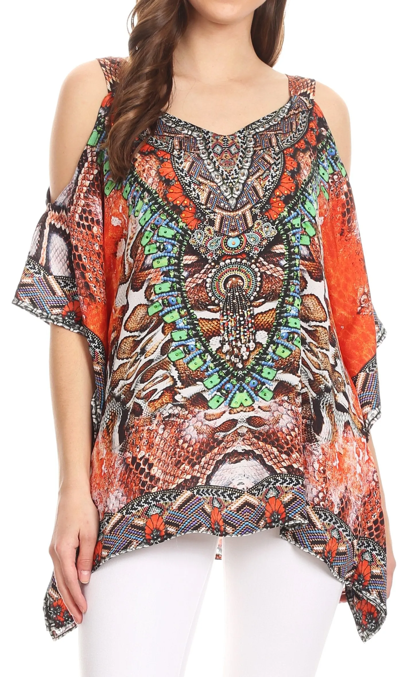 Sakkas Saanvi Printed Draped Short Sleeve Strap Cutout Shoulder V-Neck Kaftan Top