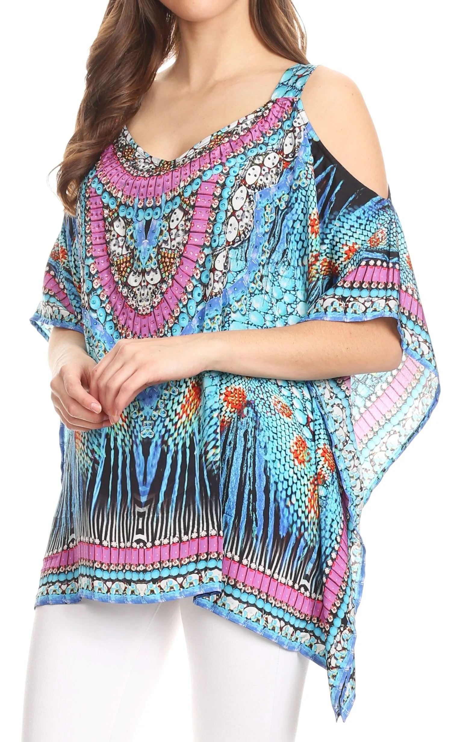 Sakkas Saanvi Printed Draped Short Sleeve Strap Cutout Shoulder V-Neck Kaftan Top