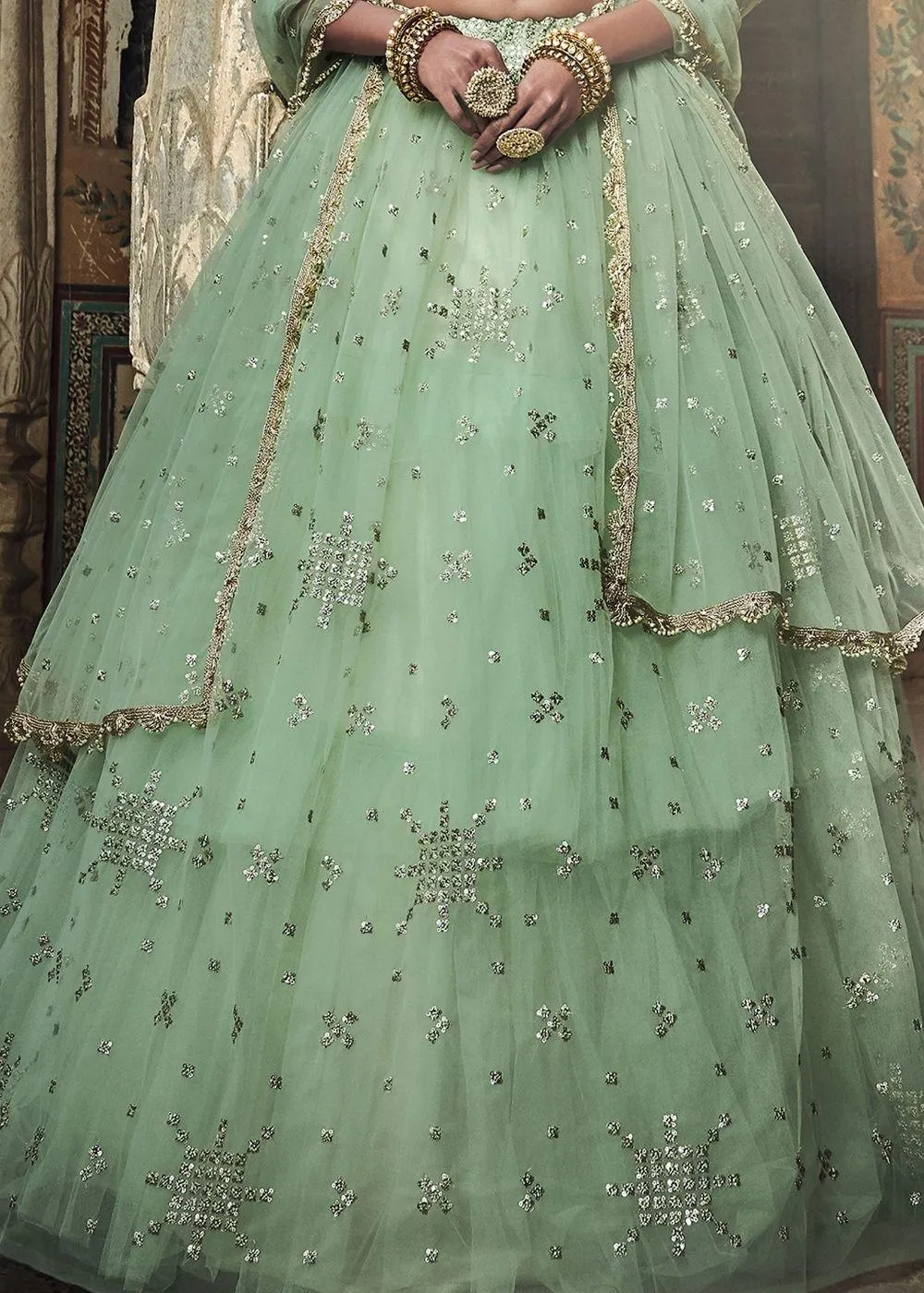 Sea Green Soft Net Lehenga with Sequins & Zari work