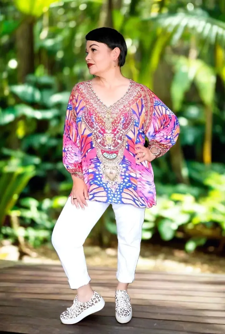 Silk Embellished Gypsy Top - Butterfly Pink-Fashion Spectrum