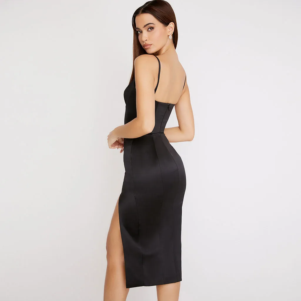 Silky Satin Square Neck High Slit Cocktail Party Midi Dress - Black