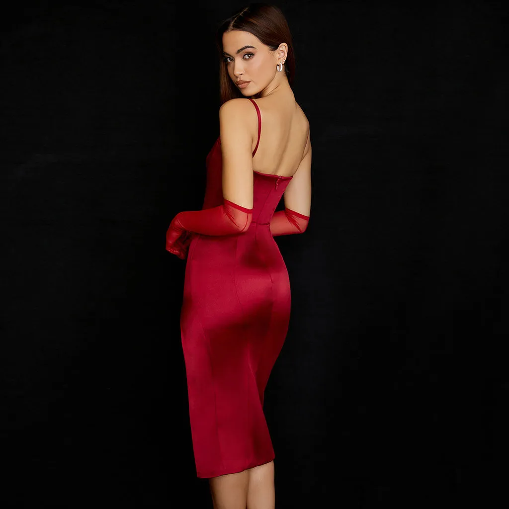 Silky Satin Square Neck High Slit Cocktail Party Midi Dress - Burgundy