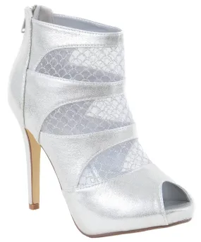 Silver Mesh Cut Out See Through Peep Toe Heel Booties Women's