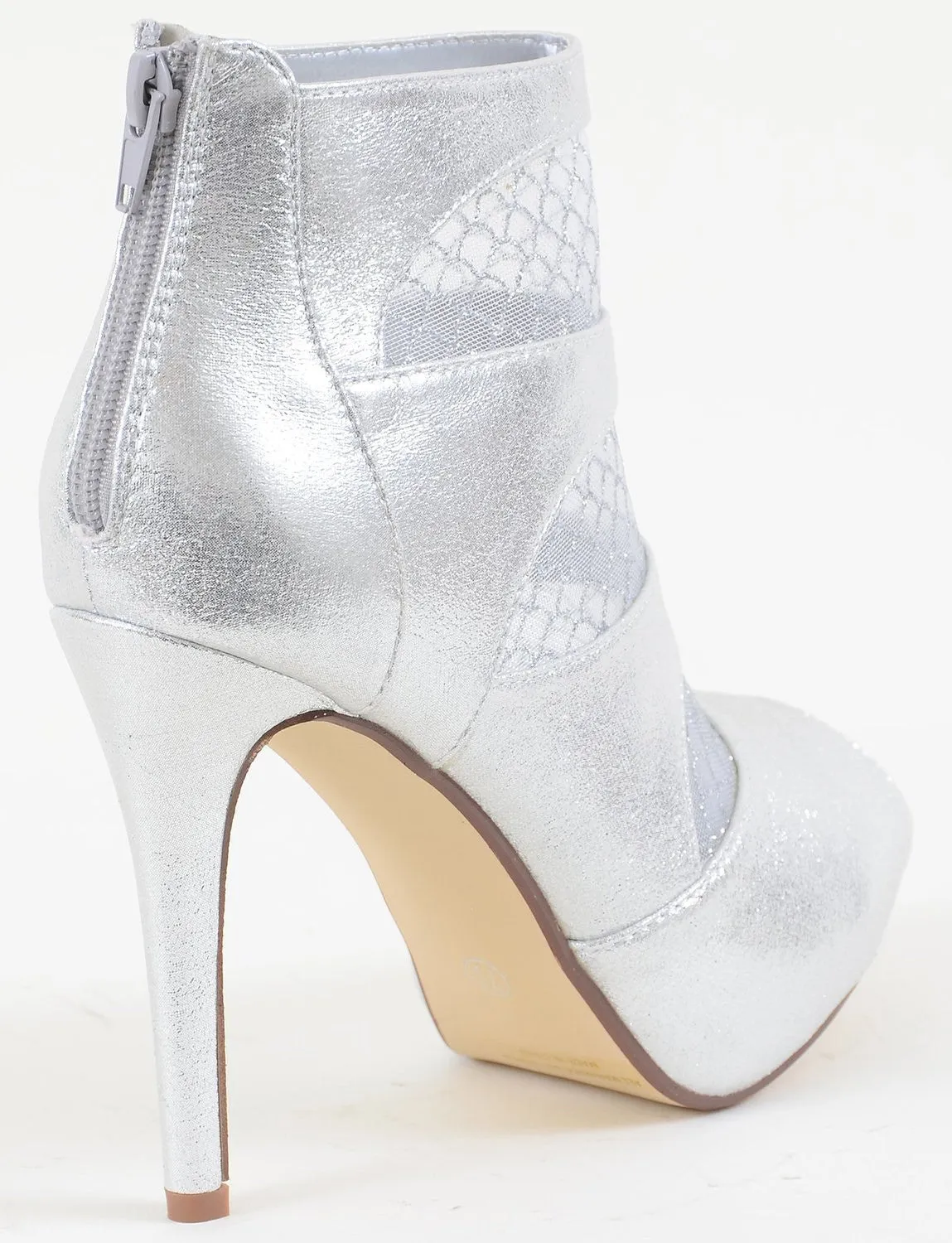 Silver Mesh Cut Out See Through Peep Toe Heel Booties Women's