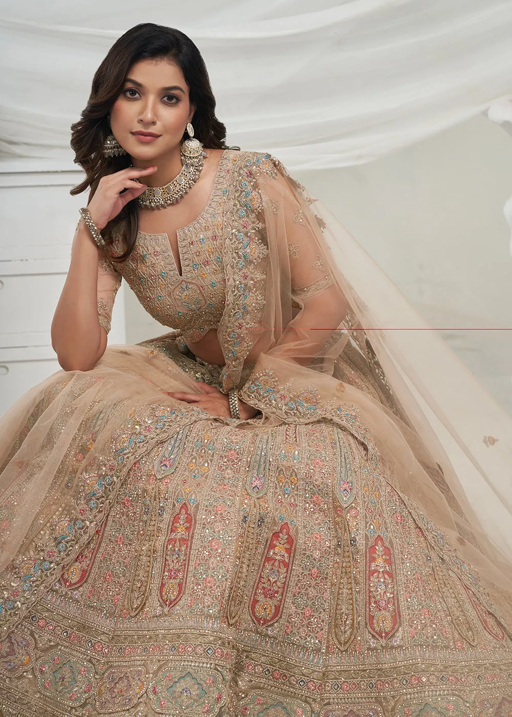 Soft Net Golden Heavy Embroidered Bridal Style Lehenga Choli