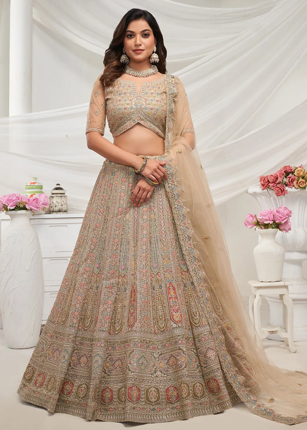 Soft Net Golden Heavy Embroidered Bridal Style Lehenga Choli