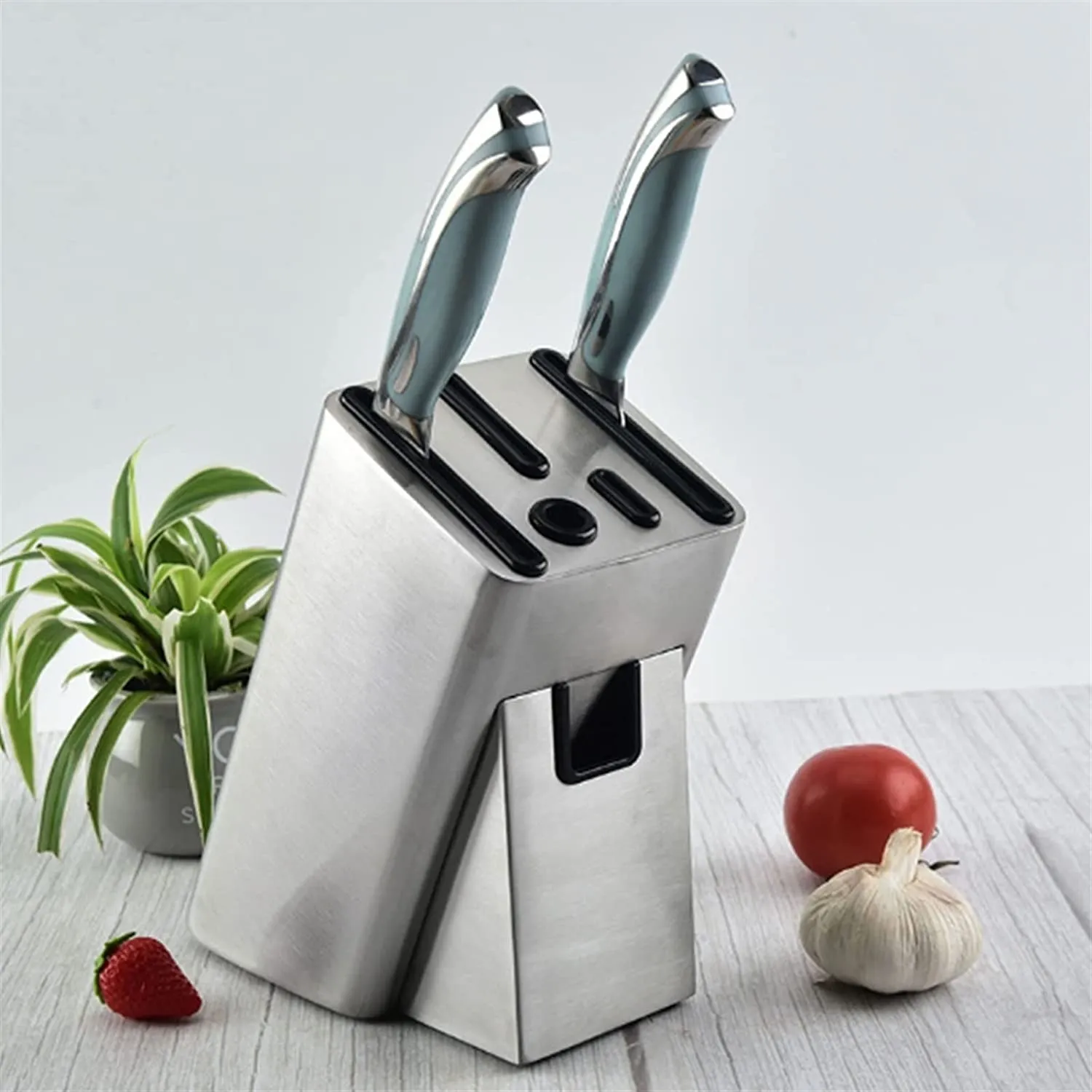 Stainless Steel Knife Holder- Universal Knife Block, 2 Tier Design with Scissors & Sharpening Rod-Slots,Space Saver - Holds 6 Tools Knife Storage