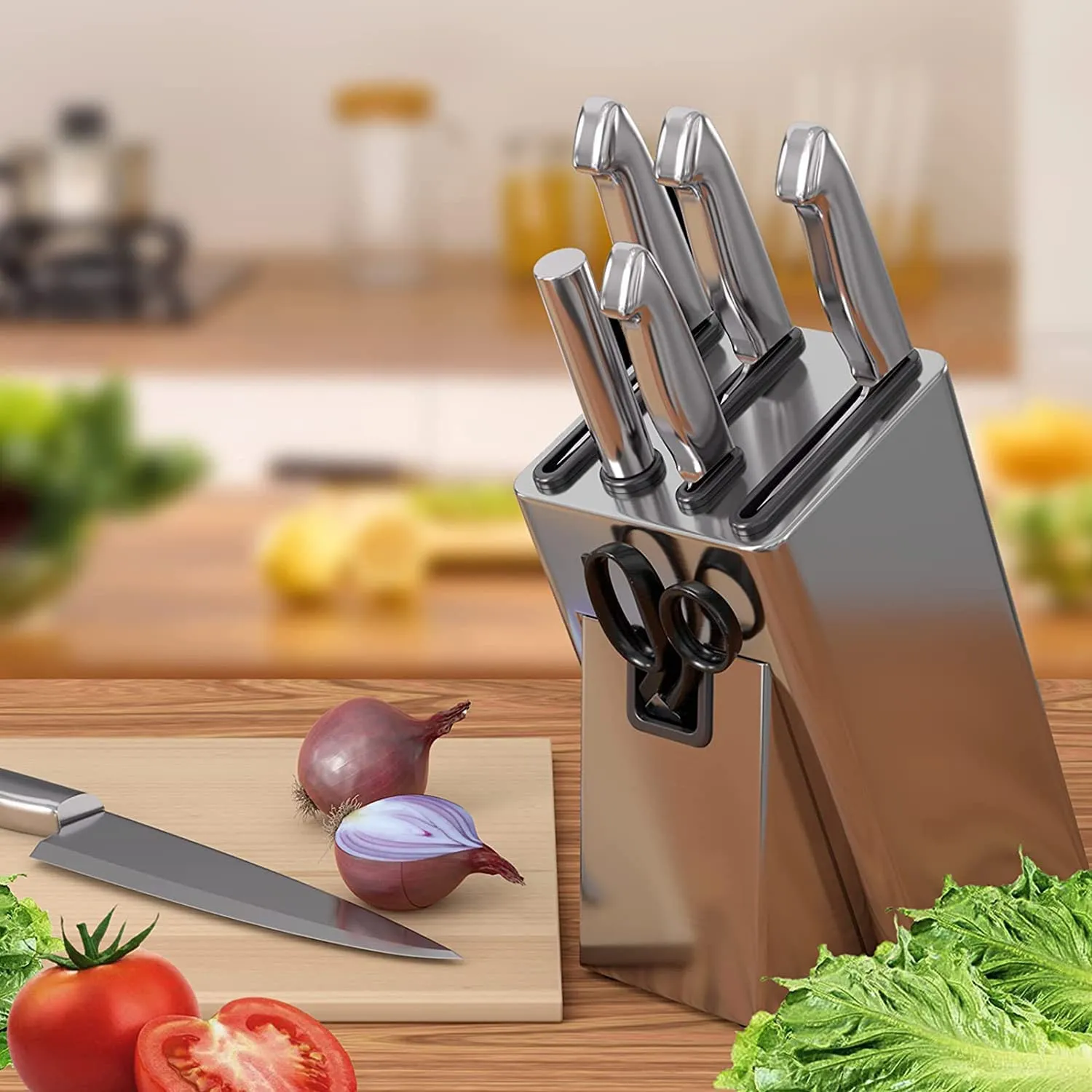 Stainless Steel Knife Holder- Universal Knife Block, 2 Tier Design with Scissors & Sharpening Rod-Slots,Space Saver - Holds 6 Tools Knife Storage