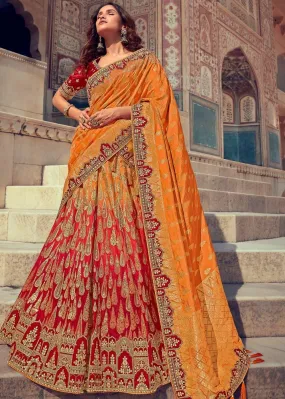 Tangerine Orange & Red Banarasi Silk Lehenga Choli with Khatli work Embroidery