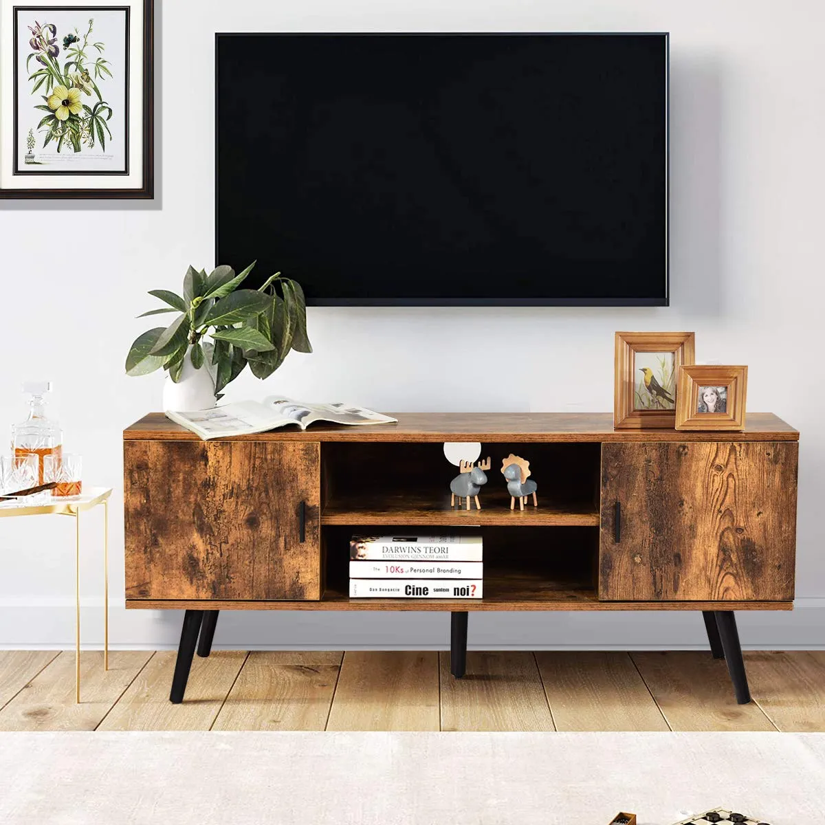 Tangkula TV Stand for TV up to 55 in, Boho TV Console Table w/ 2 Cabinet & 2 Tier Open Shelf