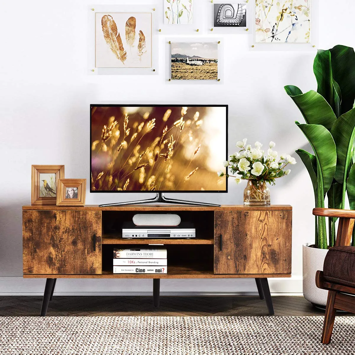 Tangkula TV Stand for TV up to 55 in, Boho TV Console Table w/ 2 Cabinet & 2 Tier Open Shelf