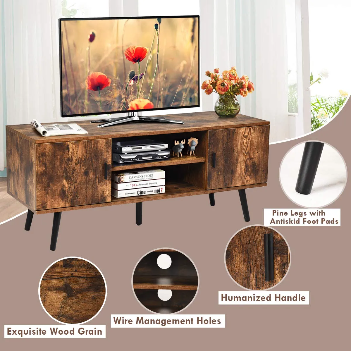 Tangkula TV Stand for TV up to 55 in, Boho TV Console Table w/ 2 Cabinet & 2 Tier Open Shelf