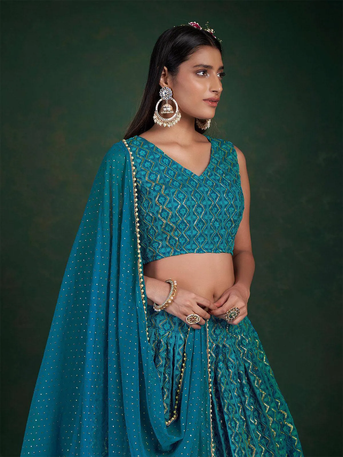 Teal Embroidered Bridal Lehenga Set