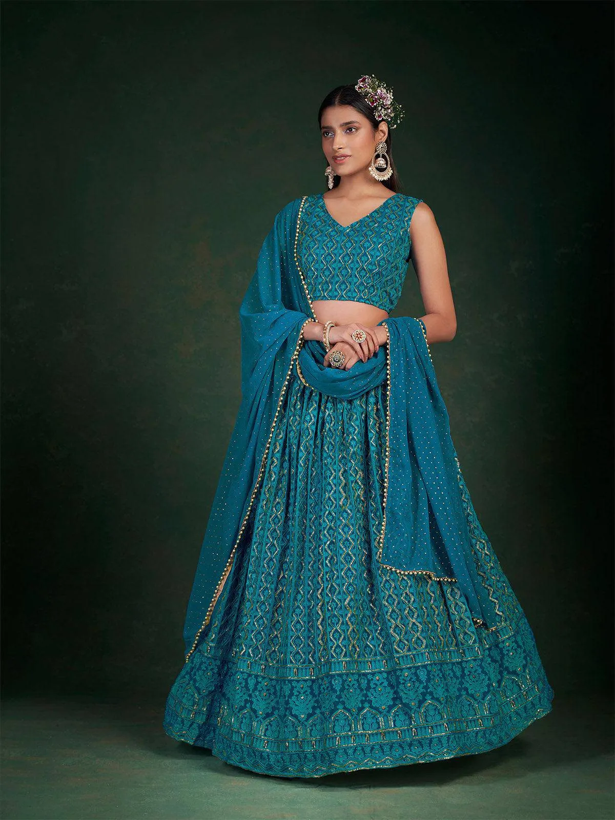 Teal Embroidered Bridal Lehenga Set